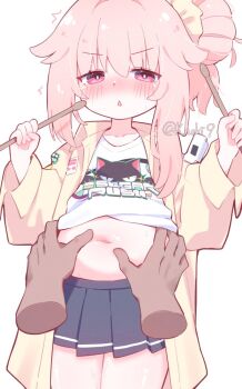 1girl ahoge belly belly_grab blue_archive blush bright_pupils commentary_request disembodied_hand drumsticks grabbing_another&#039;s_stomach hair_between_eyes hair_bun hair_ornament hair_scrunchie halo holding holding_belly holding_drumsticks jacket jitome legs_together logo_print long_hair long_sleeves looking_at_viewer midriff_peek miniskirt natsu_(band)_(blue_archive) natsu_(blue_archive) navel navel_focus official_alternate_costume pink_eyes pink_halo pink_pupils pleated_skirt plump scrunchie shirt single_hair_bun skirt sleeves_past_wrists solo solo_focus white_background wristband x_noki9 yellow_jacket yellow_scrunchie