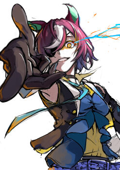 Rule 34 | 1girl, absurdres, animal ears, aqua necktie, belt, black vest, blue belt, brown gloves, commentary request, eyepatch, finger gun, floating neckwear, gloves, grin, highres, horse ears, horse girl, isana!, looking at viewer, multicolored hair, necktie, orange eyes, pointing, pointing at viewer, purple hair, simple background, smile, solo, streaked hair, tanino gimlet (embodiment of keravnos) (umamusume), tanino gimlet (umamusume), umamusume, upper body, vest, white background