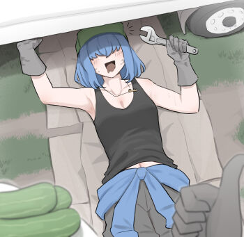 1girl 1other :d baseball_cap black_tank_top blue_hair blush breasts car cleavage clothes_around_waist commentary cucumber drooling english_commentary gloves grass green_hat grey_gloves grey_pants hair_over_eyes hat highres holding holding_wrench jacket jacket_around_waist jewelry kappa_mob_(touhou) key key_necklace lying mata_(matasoup) medium_breasts motor_vehicle mouth_drool navel necklace on_back open_mouth pants pov pov_hands short_hair smile solo_focus tank_top thumbs_up touhou wrench