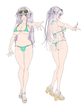 1girl absurdres ass bikini blue_eyes blush breasts butt_crack commentary_request concept_art eyewear_on_head full_body green_bikini grey_hair happoubi_jin heart high_heels highres large_breasts long_hair looking_at_viewer multiple_views navel original outstretched_arm sketch smile sunglasses swimsuit thigh_gap very_long_hair