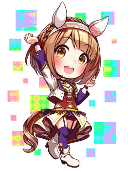 1girl animal_ears arm_up blush bodice boots braid breasts brown_eyes brown_hair chibi chibi_only choker collarbone commentary_request corset cropped_jacket crown_braid ear_covers full_body garter_straps hairband highres horse_ears horse_girl horse_tail jacket long_sleeves looking_at_viewer midriff_peek navel open_mouth overskirt pendant_choker purple_choker purple_garter_straps purple_thighhighs red_corset red_shorts shirt short_hair shorts small_breasts smile solo star_(symbol) starting_future_(umamusume) sugimotty_nova tail teeth thighhighs umamusume upper_teeth_only white_boots white_jacket white_shirt wristband yukino_bijin_(umamusume)