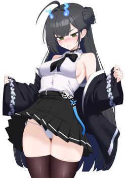 1girl 3: absurdres ahoge bare_shoulders black_choker black_jacket black_skirt blush bow bowtie breasts brown_thighhighs cameltoe choker closed_mouth collared_shirt commentary_request counter:side cowboy_shot crotch_seam fire green_eyes hair_bun high-waist_skirt highres jacket korean_commentary long_sleeves looking_down medium_breasts minha_(counter:side) miniskirt mole mole_under_eye off_shoulder oldsickkim open_clothes open_jacket panties pleated_skirt shirt shirt_tucked_in side-tie_panties skirt sleeveless sleeveless_shirt solo string_panties sweat thigh_gap thighhighs thighs underwear v-shaped_eyebrows white_panties white_shirt