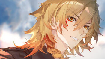 Rule 34 | 1boy, armlet, black shirt, blonde hair, blue sky, braid, chinese commentary, collared shirt, commentary request, earrings, facial tattoo, gold earrings, gradient hair, highres, honkai: star rail, honkai (series), jewelry, kurodrozd, male focus, medium hair, multicolored hair, mydei (honkai: star rail), red hair, red tattoo, shirt, side braid, sky, solo, tattoo, yellow eyes