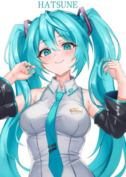 1girl aqua_eyes aqua_hair aqua_necktie aqua_trim arm_up armpit_crease blush breasts collared_shirt commentary_request detached_sleeves grey_background grey_shirt hair_between_eyes hair_ornament hatsune_miku highres inue_ao long_hair long_sleeves looking_at_viewer medium_breasts necktie open_mouth pleated_skirt shirt simple_background skirt sleeveless sleeveless_shirt smile solo twintails upper_body very_long_hair vocaloid wide_sleeves