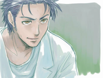 1boy beard_stubble black_hair facial_hair highres lab_coat lapels looking_at_viewer male_focus menomorute nervous_smile nervous_sweating notched_lapels okabe_rintarou open_mouth science_adventure shirt short_hair smile solo steins;gate stubble sweat upper_body yellow_eyes