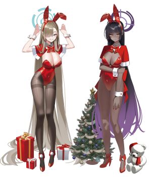 Rule 34 | 2girls, absurdres, alternate costume, asuna (blue archive), black hair, black pantyhose, blonde hair, blue archive, blue eyes, blue halo, bow, bowtie, breasts, capelet, christmas, cleavage, commentary request, covered navel, dark-skinned female, dark skin, detached collar, hair between eyes, hair over one eye, hairband, halo, highleg, highleg leotard, highres, holding own arm, karin (blue archive), korean commentary, large breasts, leotard, long hair, marks (dmhunsu10), multiple girls, pantyhose, playboy bunny, purple halo, rabbit pose, red bow, red bowtie, red capelet, red hairband, red leotard, red shoes, shoes, thighband pantyhose, yellow eyes