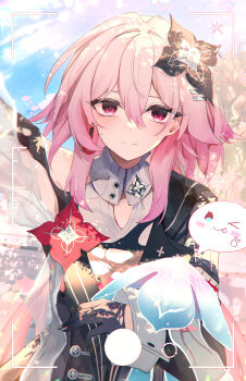 1girl absurdres black_gloves blush closed_mouth dress earrings elphe evernight_(honkai:_star_rail) flower gloves hair_between_eyes hair_flower hair_ornament hand_up highres honkai:_star_rail honkai_(series) jewelry long_hair long_sleeves looking_at_viewer march_7th_(honkai:_star_rail) official_alternate_costume official_alternate_eye_color official_alternate_hair_length official_alternate_hairstyle pink_hair red_eyes single_bare_shoulder single_earring viewfinder