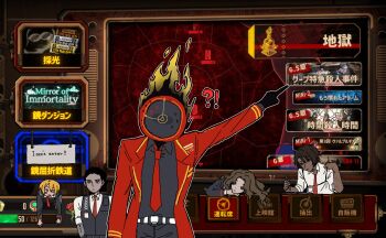 1other 2boys 2girls arm_up black_coat black_vest brown_hair chest_harness clock coat collared_shirt commentary dante_(limbus_company) don_quixote_(project_moon) enkephalin_(project_moon) flaming_head game_screenshot_background hand_up harness heathcliff_(project_moon) highres igtw4s index_finger_raised limbus_company long_hair lunacy_(limbus_company) meursault_(project_moon) multiple_boys multiple_girls necktie object_head parted_bangs pointing project_moon red_coat red_necktie rodion_(project_moon) screenshot_background shirt vest white_shirt