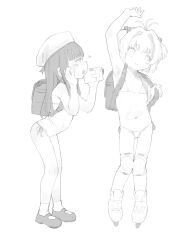 2girls absurdres arm_up armpits backpack bag beret bikini blush camcorder cardcaptor_sakura daidouji_tomoyo embarrassed hair_bobbles hair_ornament hat highres kinomoto_sakura loli long_hair micro_bikini midriff monochrome multiple_girls panties peachyp randoseru recording ribs roller_skates short_hair skates steam sweat swimsuit underwear video_camera yuri