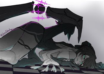 2girls alternate_form ass blush cesar_zebrah claws clothes_lift commentary cross english_commentary gloves green_eyes greyscale hair_bun herta_(honkai:_star_rail) highres honkai:_star_rail honkai_(series) irontomb large_hands leaning long_hair monochrome multiple_girls ruan_mei_(honkai:_star_rail) size_difference tassel the_herta_(honkai:_star_rail) thigh_strap thighs twitter_username yuri