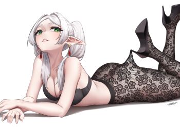 1girl ass black_bra black_pantyhose black_shoes bra breasts cleavage commentary earrings elf english_commentary fishnet_pantyhose fishnets floral_print_pantyhose frieren green_eyes high_heels highres hooked_on_heel jewelry lace_pantyhose_hooked_on_heel_(meme) long_hair long_pointy_ears looking_to_the_side lying medium_breasts meme no_panties on_stomach pantyhose parted_bangs parted_lips pointy_ears shoes solo sousou_no_frieren stiletto_heels tassel tassel_earrings twintails underwear upward_angle_frieren_drawing_(meme) white_background white_hair whitter