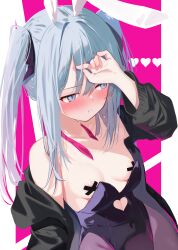 Rule 34 | ..., 1girl, absurdres, aqua hair, bare shoulders, black jacket, black leotard, blue eyes, blush, breasts, cleavage, closed mouth, clothing cutout, covered navel, cross pasties, hatsune miku, heart cutout, highres, jacket, large breasts, leotard, long sleeves, looking to the side, memekko, pantyhose, pasties, pink background, playboy bunny, rabbit hole (vocaloid), sweat, twintails, two-tone background, vocaloid