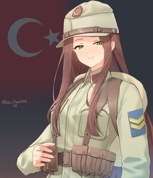 1girl absurdres ammunition_pouch backpack bag belt breast_pocket brown_belt brown_hair brown_hat brown_jacket closed_mouth collar_tabs commentary flag_background green_eyes hat highres jacket leochan1202 long_hair looking_at_viewer military military_uniform original patch pocket pouch red_collar_tabs shoulder_patch sidelocks smile solo suspenders turkey_(country) turkish_army turkish_flag twitter_username