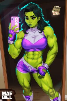 1girl abs absurdres animification breasts cleavage colored_skin fingerless_gloves gloves green_eyes green_hair green_skin highres large_breasts long_hair maebiel marvel muscular muscular_female she-hulk solo superhero_costume