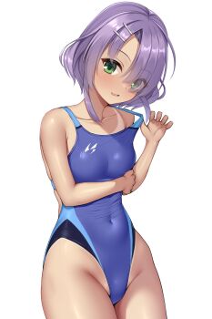 1girl parallel_hairclips arm_under_breasts bare_shoulders blue_one-piece_swimsuit blush breasts cafe_stella_to_shinigami_no_chou clothes_pull clothing_cutout collarbone commentary competition_swimsuit cowboy_shot dark-skinned_female dark_skin eyes_visible_through_hair green_eyes groin hair_ornament hair_over_one_eye hairclip hand_up highleg highleg_one-piece_swimsuit highres hiuchidani_mei long_bangs looking_at_viewer navel_cutout ncontrail_(mgax7527) one-piece_swimsuit one-piece_swimsuit_pull open_mouth pulling_own_clothes purple_hair short_hair_with_long_locks simple_background small_breasts smile solo swimsuit tan tanline white_background