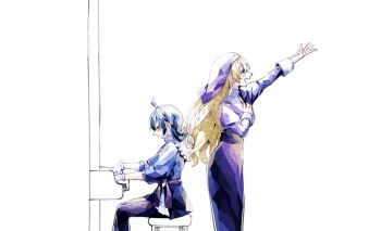 Rule 34 | 2girls, ahoge, blonde hair, bloom, blue hair, blush, breasts, dress, escher (dai nana oji), from side, hand on own chest, instrument, large breasts, long hair, looking ahead, looking at object, low poly, medium hair, multiple girls, music, nun, obakesandesu8, on stool, open mouth, outstretched arm, partially colored, playing instrument, playing piano, purple dress, saria de saloum, simple background, singing, sitting, smile, tensei shitara dai nana oji datta no de: kimama ni majutsu o kiwamemasu, very long hair, white background