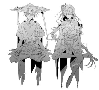Rule 34 | 1boy, 1girl, arms at sides, asymmetrical sleeves, belt, blunt bangs, blunt ends, bodysuit, bow, braid, breasts, bridal gauntlets, cape, choppy bangs, cleavage, closed eyes, facing down, feathers, floating, flower, full body, furisode, gem, genshin impact, greyscale, hair flower, hair ornament, hat, japanese clothes, jingasa, juban, kimono, large breasts, layered sleeves, leg warmers, levitation, long hair, long single sidelock, lotus position, low-braided long hair, low-tied long hair, mandarin collar, meditation, mole, mole under eye, monochrome, mother and son, off shoulder, okktru, open clothes, open hands, open kimono, pom pom (clothes), raiden shogun, rope, royal ease, sandals, sash, scaramouche (genshin impact), short kimono, short sleeves, shorts, shoulder peek, shrug (clothing), swept bangs, tassel, thighhighs, twitter username, vision (genshin impact), wanderer (genshin impact), white background, zouri