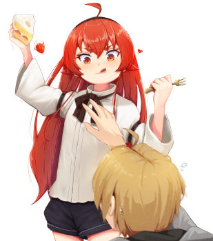 Rule 34 | 1boy, 1girl, absurdres, ahoge, alternate costume, black hairband, black ribbon, black shorts, blonde hair, blush, cake, cake slice, closed mouth, commentary request, eris greyrat, food, food on face, fork, fruit, hairband, hands up, heart, highres, holding, holding fork, kaneko ryou, long hair, long sleeves, mushoku tensei, neck ribbon, red eyes, red hair, ribbon, rudeus greyrat, shirt, shorts, simple background, strawberry, strawberry cake, strawberry shortcake, sweatdrop, tongue, tongue out, white background, white shirt