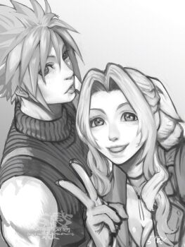 1boy 1girl 5tatsu aerith_gainsborough braid braided_ponytail breasts choker cleavage cloud_strife dress final_fantasy final_fantasy_vii final_fantasy_vii_remake flower_choker greyscale hair_between_eyes hair_ribbon highres jacket long_hair looking_at_viewer medium_breasts monochrome parted_bangs parted_lips ribbon short_hair sidelocks single_bare_shoulder sketch sleeveless sleeveless_turtleneck smile spiked_hair suspenders teeth turtleneck upper_body v