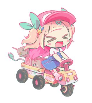 &gt;_&lt; 1girl baseball_cap blonde_hair blush_stickers box cable camellia_(musician) cardboard_box chibi colored_inner_hair commentary_request hair_ornament hat highres indie_utaite mamimu_(ma-mi-mu.me) movin6! multicolored_hair nanahira official_alternate_costume official_art open_mouth overall_skirt pink_hair simple_background solo star_(symbol) star_hair_ornament two_side_up utaite vehicle_request white_background