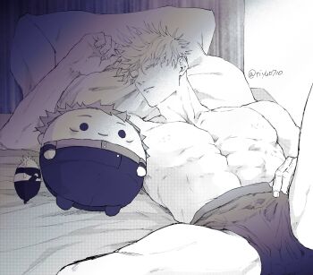 1boy abs boxers character_doll closed_eyes closed_mouth commentary_request doll gojou_satoru greyscale highres itadori_yuuji jujutsu_kaisen knee_up lying male_focus male_underwear monochrome navel nipples on_back on_bed pectorals pillow short_hair sleeping solo spread_legs tiyu0710 toned toned_male twitter_username underwear underwear_only