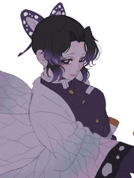 Rule 34 | 1girl, animal print, black hair, butterfly hair ornament, butterfly print, coat, commentary, gradient hair, hair ornament, highres, jacket, kimetsu no yaiba, kochou shinobu, looking at viewer, multicolored hair, purple eyes, purple hair, purple jacket, sagirinmino, short hair, simple background, solo, two-tone hair, white background