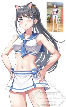 Rule 34 | 1girl, amaya tsubame, animal ears, bikini, bikini skirt, black hair, blue bow, blue neckerchief, blue sailor collar, bow, breasts, cat ears, collarbone, commentary request, frown, gakuen idolmaster, game screenshot inset, hair ornament, hairclip, hands on own hips, highres, idolmaster, long hair, medium breasts, mole, mole under eye, navel, neckerchief, ponytail, sailor bikini, sailor collar, sailor swimsuit (idolmaster), screenshot inset, sidelocks, solo, standing, striped bow, swimsuit, urabi (tomatohouse), watermark, white bikini