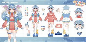 1girl absurdres asymmetrical_legwear bandaid bandaid_on_knee bandaid_on_leg belt blue_belt blue_hair blue_shoes breasts character_name cleavage cleavage_cutout closed_mouth clothing_cutout color_guide colored_extremities commentary crocs dress ear_piercing earrings english_commentary gremlinbon gremlinbon_(vtuber) hair_ornament hairclip highres indie_virtual_youtuber jacket jewelry loose_socks multicolored_hair multicolored_jacket multiple_views open_mouth piercing red_dress shoes shoulder_cutout single_sock smile socks streaked_hair sweater sweater_dress tentacle_hair thigh_belt thigh_strap thighhighs white_hair white_thighhighs yellow_socks