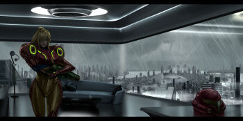 1girl absurdres aircraft airship apartment arm_cannon armor blonde_hair braid city cloud cloudy_sky commentary couch english_commentary helmet highres in-universe_location lamp max_kay metroid metroid:_other_m nintendo ponytail power_armor power_suit_(metroid) rain samus_aran scenery sky solo table twin_braids undressing unworn_headwear unworn_helmet varia_suit weapon window