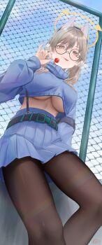 1girl absurdres aifankuendefeng black_pantyhose blue_archive blue_skirt breasts from_below halo heart heart-shaped_pupils highres huge_breasts long_hair looking_at_viewer moe_(blue_archive) outdoors pantyhose skirt solo symbol-shaped_pupils thighs tongue tongue_out twintails underboob yellow_halo