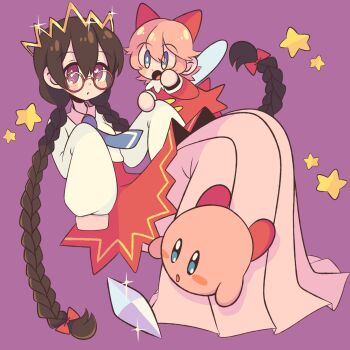 Rule 34 | 2girls, black hair, blue eyes, bow, colored skin, crystal, fairy, fairy wings, freckles, glasses, hair bow, highres, kirby, kirby (series), kirby 64, long hair, long skirt, multiple girls, nintendo, pink hair, pink skin, pink skirt, purple background, purple eyes, red bow, ribbon (kirby), ripple star queen, simple background, skirt, sleeves past fingers, sleeves past wrists, sofo soup, star (symbol), wings