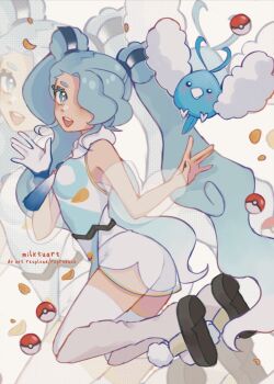1girl :d absurdres beak bird black_shoes blue_bird blue_eyes blue_feathers blue_gloves blue_hair blue_shirt commentary detached_sleeves double_bun feathers flying_miku_(project_voltage) full_body fur_trim gen_3_pokemon gloves hair_bun hair_over_one_eye hatsune_miku highres long_hair looking_at_viewer milktuart multicolored_hair nintendo open_mouth orange_petals petals poke_ball pokemon pokemon_(creature) project_voltage see-through_clothes see-through_shorts see-through_sleeves shirt shoes shorts simple_background single_glove smile swablu symbol-only_commentary thighhighs twintails very_long_hair vocaloid white_background white_feathers white_thighhighs