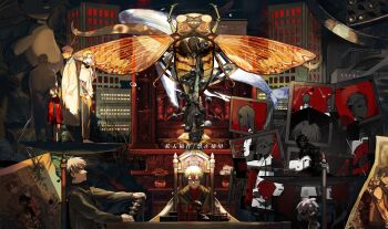 animal balance_scale black_hair black_robe blonde_hair bug bug_request censored censored_identity chain character_request city closed_eyes coat commentary dark distortion english_commentary gender_request glitch hair_slicked_back hands_in_pockets head_down headphones headphones_around_neck highres knee_up multiple_persona my_house_of_horrors nicayuko night paperclip photo_(object) pin pov red_eyes robe scratched short_hair sitting size_difference spine table throne transparent_wings upside-down weighing_scale whale white_coat