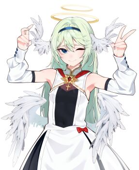 Rule 34 | 1girl, absurdres, angel, angel wings, anomarasu, armpits, arms up, black dress, blue eyes, blue hairband, brooch, closed mouth, commentary, commission, covered navel, cross, detached sleeves, double-parted bangs, dress, english commentary, feathered wings, flat chest, gem, green hair, hairband, halo, head wings, highres, jewelry, long hair, looking at viewer, low wings, multiple halos, one eye closed, original, red gem, simple background, sleeveless, sleeveless dress, smile, solo, sweatdrop, traditional halo, two-tone dress, v, white background, white dress, white sleeves, white wings, wings