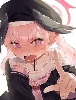 1girl absurdres blue_archive blush commentary_request halo hat head_wings highres koharu_(blue_archive) open_mouth pink_eyes pink_hair sanso_aki simple_background solo twintails white_background wings