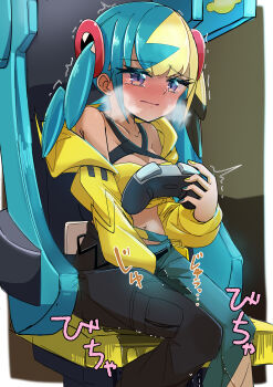1girl absurdres between_legs blonde_hair blue_hair blue_nails blush canari_(pokemon) closed_mouth controller female_focus fingernails game_controller hand_between_legs highres mizuumi_(expanse_lake) multicolored_hair navel nintendo pee peeing peeing_self pokemon pokemon_legends:_z-a purple_eyes sitting solo tears translation_request trembling two-tone_hair yellow_nails