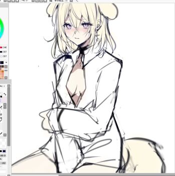 1girl animal_ears art_program_in_frame bang_dream! bang_dream!_it&#039;s_mygo!!!!! blonde_hair breasts breasts_apart dog_ears dog_girl dog_tail hair_between_eyes kemonomimi_mode medium_breasts misumi_uika parted_lips purple_eyes shirt solo tail white_shirt xiongshouji