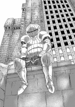 1boy 913kousatu absurdres armor armored_boots boots breastplate castle commentary_request dark_souls_(series) dark_souls_i full_armor full_body gauntlets greyscale helm helmet highres in-universe_location male_focus monochrome pauldrons shoulder_armor siegmeyer_of_catarina sitting solo