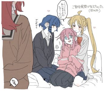 4girls black_sweater blonde_hair blue_hair bocchi_the_rock! closed_mouth dayama flat_color from_behind gotoh_hitori grey_shirt heart highres ijichi_nijika jacket kita_ikuyo long_hair looking_at_viewer multiple_girls on_bed open_mouth pink_hair pink_jacket profile red_hair shirt short_hair side_ponytail sitting speech_bubble sweat sweater translation_request yamada_ryo