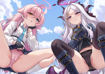 2girls abydos_high_school_logo ahoge belt black_belt black_bow black_gloves black_jacket black_panties black_pantyhose black_ribbon black_skirt black_thighhighs blue_archive blue_boots blue_eyes blue_necktie blue_sky blush boots bow bow_panties breasts cameltoe chest_harness closed_mouth clothes_lift cloud collared_shirt commentary_request crossed_bangs demon_girl demon_horns demon_wings fingerless_gloves from_behind from_below gloves hair_between_eyes hair_ornament hair_ribbon hairclip half-closed_eyes halo hand_on_own_cheek hand_on_own_face hand_up hands_up harness heterochromia hina_(blue_archive) horns hoshino_(blue_archive) huge_ahoge id_card jacket knees_up lace lace_panties lifting_own_clothes loli long_hair long_sleeves looking_at_viewer looking_down low_wings military_uniform milkshakework multiple_girls multiple_horns necktie outdoors panties pantyhose parted_bangs pink_hair pink_halo pink_panties plaid_clothes purple_eyes purple_halo purple_ribbon ribbon shirt sidelocks skirt skirt_lift sky small_breasts socks spread_legs squatting thighhighs thighs underwear very_long_hair white_hair white_shirt white_socks wings yellow_eyes zettai_ryouiki