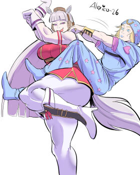 1boy 1girl alternate_muscle_size animal_ears armband blonde_hair blue_eyes blue_hat blue_hoodie blue_lips blue_pants boots breasts commentary_request crossover dress ear_covers frown gloves gold_ship_(red_strife)_(umamusume) gold_ship_(umamusume) grey_hair hat high_heel_boots high_heels highres hood hoodie horse_ears horse_girl horse_tail johnny_joestar jojo_no_kimyou_na_bouken knee_boots large_breasts long_hair muscular muscular_female open_mouth pants pants_under_dress pillbox_hat pink_eyes red_dress short_dress short_sleeves signature smile spanish_commentary standing standing_on_one_leg steel_ball_run sweatdrop tail thecooleralexico thick_thighs thighs umamusume very_long_hair white_gloves white_pants