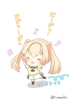 1girl :d =_= absurdres arms_up ascot black_ascot black_socks blonde_hair blush brown_shoes chibi chibi_only closed_eyes commentary dancing full_body hair_between_eyes hair_intakes hair_ornament happy highres kneehighs long_hair miniskirt musical_note open_mouth school_uniform serafuku shoes sidelocks simple_background skirt smile socks solo sound_effects standing standing_on_one_leg sumechi summer_pockets summer_pockets_school_uniform sweater_vest translated tsumugi_wenders twintails twitter_username very_long_hair white_background white_serafuku white_skirt x_hair_ornament yellow_sweater_vest