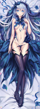 1693070240 1girl absurdres bare_arms bed_sheet black_boots black_panties blue_eyes blue_flower blue_ribbon blue_rose boots breasts dakimakura_(medium) date_a_live flower from_above full_body hair_between_eyes headdress highres incredibly_absurdres long_hair looking_at_viewer lying medium_breasts navel on_back open_mouth panties panty_pull ribbon rose snowflakes solo thigh_boots tobiichi_origami underwear very_long_hair white_hair