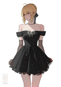 1girl absurdres ahoge artoria_pendragon_(fate) black_bow black_dress blonde_hair bow braid bun_with_braided_base dress elbow_gloves fate_(series) gloves green_eyes hair_bow highres jewelry looking_to_the_side necklace off-shoulder_dress off_shoulder pearl_necklace quilm saber_(fate) sidelocks simple_background solo standing white_background