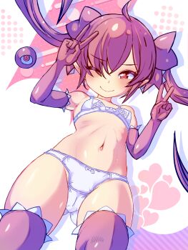 1girl ahoge armpits backbeako_(torotei) backbeard black_gloves black_hair black_ribbon black_thighhighs blush bow bow_bra bow_panties bra breasts closed_mouth commentary_request covered_erect_nipples cowboy_shot dated_commentary double_v elbow_gloves from_below gegege_no_kitarou gloves gluteal_fold hair_over_one_eye hair_ribbon heart highres loli long_hair looking_at_viewer navel one_eye_closed original paid_reward_available panties pointy_ears red_eyes ribbon ribs ringed_eyes simple_background small_breasts smile solo thigh_gap thighhighs torotei twintails underwear underwear_only v variant_set white_background white_bra white_panties