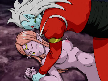 1boy 1girl alternate_form black_eyes black_sash black_shirt blue_skin breasts chronoa clothed_male_nude_female colored_sclera colored_skin commission completely_nude dragon_ball dragon_ball_heroes drawingsgmr earrings eye_contact hair_slicked_back half-closed_eye hetero holding_another&#039;s_wrist jewelry large_breasts light_blush long_hair long_pointy_ears long_sleeves looking_at_another lying mechikabura navel nipples nude on_back one_eye_closed orange_hair parents: pink_skin pointy_ears potara_earrings red_robe red_sclera robe sash shirt smile turtleneck white_hair yellow_eyes