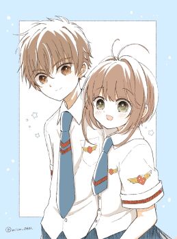 Rule 34 | 1boy, 1girl, antenna hair, blue border, blue necktie, border, brown eyes, brown hair, cardcaptor sakura, commentary, green eyes, highres, kinomoto sakura, li syaoran, mizu 0401, necktie, open mouth, outside border, school uniform, shirt, short hair, short necktie, smile, star (symbol), untranslatable commentary, tomoeda elementary school uniform, white shirt