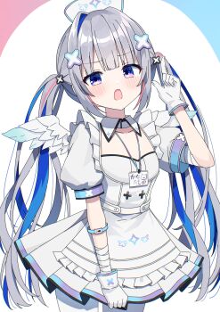 1girl absurdres amane_kanata amane_kanata_(nurse) bandaged_arm bandages blunt_bangs blush commentary_request cowboy_shot dot_nose dress frilled_dress frills gloves grey_hair hair_intakes hair_ornament hand_up highres hololive kaie lanyard long_hair looking_at_viewer multicolored_hair open_mouth pink_eyes red_streaks short_sleeves sidelocks solo streaked_hair twintails virtual_youtuber white_dress white_gloves wings