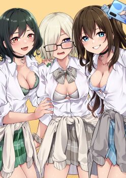 3girls black-framed_eyewear blonde_hair blue_bra blue_eyes blue_skirt blush bow bowtie bra breasts breasts_apart brown_hair cardigan cardigan_around_waist cellphone cleavage clothes_around_waist commentary_request fingernails fluegel_(gumi710) glasses green_bra green_hair green_nails green_skirt grey_bow grey_bowtie grey_bra grey_cardigan grey_skirt grin gyaru hair_between_eyes hair_bow hair_over_one_eye highres holding holding_phone long_hair looking_at_viewer love_live! love_live!_nijigasaki_high_school_idol_club medium_breasts medium_hair mia_taylor mifune_shioriko multiple_girls osaka_shizuku phone plaid_bow plaid_bowtie plaid_clothes plaid_skirt purple_eyes school_uniform shirt short_hair sidelocks simple_background skirt smartphone smile underwear white_cardigan white_shirt yellow_background