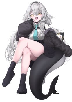 1girl absurdres aqua_necktie black_jacket black_socks blush breasts cetacean_tail chest_harness collared_shirt fins fish_tail grey_hair hair_between_eyes hair_flaps hair_intakes harness highres jacket long_hair long_sleeves looking_at_viewer necktie no_shoes open_clothes open_mouth original rurune_(vrchat) shark shark_girl shark_tail sharp_teeth shirt smile socks solo stuffed_animal stuffed_shark stuffed_toy tail teeth very_long_hair vrchat white_shirt yellow_eyes yuki_kawachi